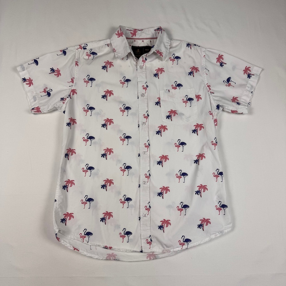 Rugby University 100% Cotton Button Up Men M White Flamingo Palm Tree Patriotic